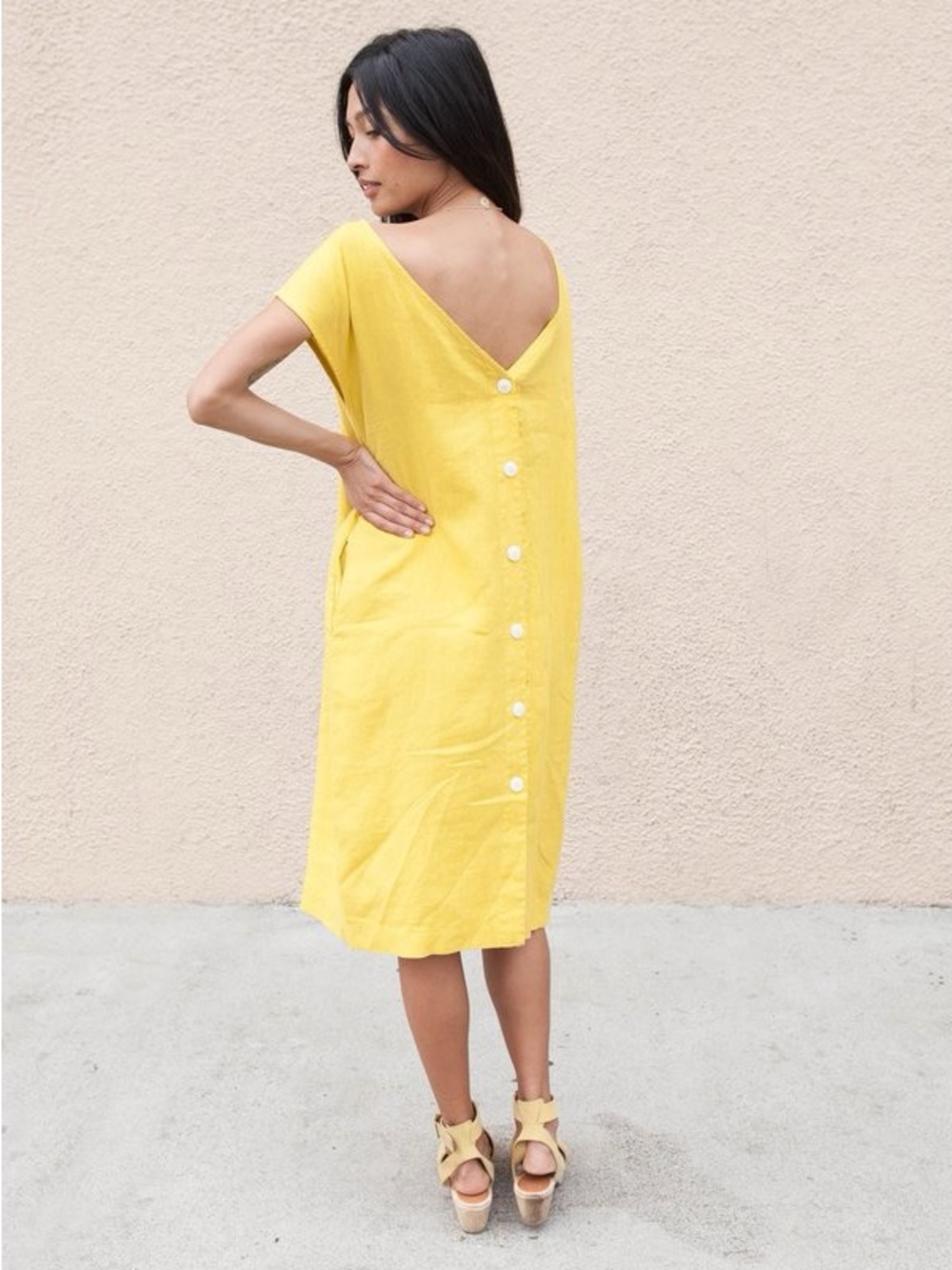 ESBY 100% Linen Reversible Malia Dress in Yellow Size Small VGUC